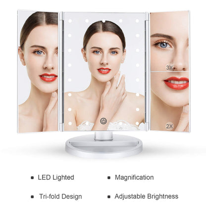 deweisn Tri-Fold Lighted Vanity Tabletop Mount Mirror with 21 LED Lights, Touch Screen and 3X/2X/1X Magnification, Two Power Supply Modes Make Up Mirror,Travel Mirror 10.83" H x 6.3" W