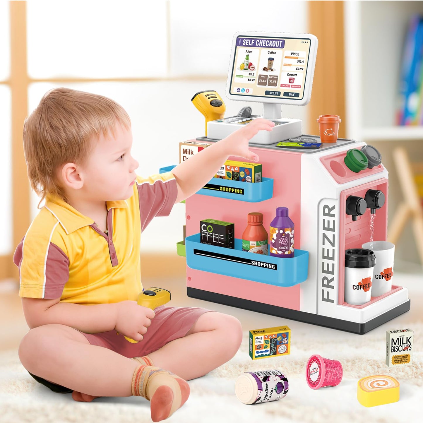 deAO Toy Cash Register for Kids Pretend Play Store Calculator Money 3 in 1 Coffee Machine Set Toys with Water Outlet Function Play Food Gifts Learning Toys for Kids Boys Girls (Pink)