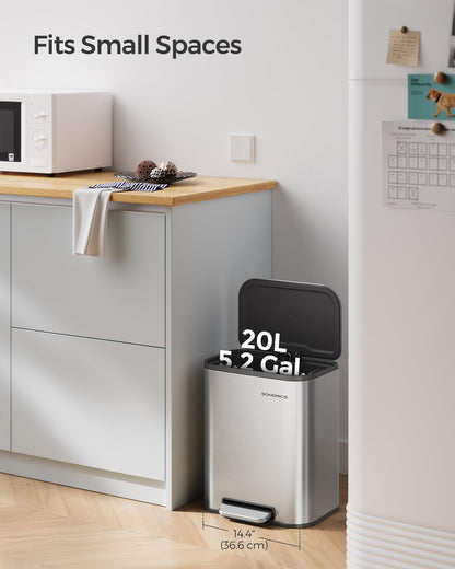 SONGMICS Kitchen Trash Can, 5.2-Gallon (20L) Garbage Can with Lid, Stainless Steel, Soft Close and Stays Open, Inner Bucket, Wide Non-Slip Pedal, Metallic Silver LTB542E20