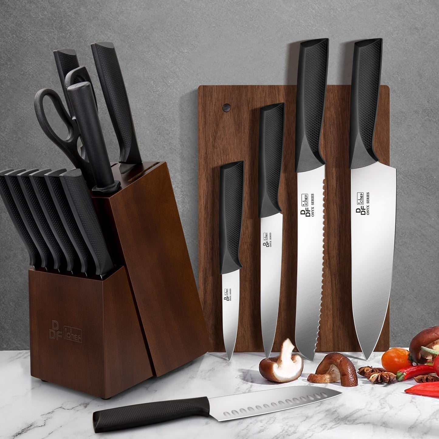 Kitchen Knife Set, DDF iohEF 16 Pieces Knife Set for Kitchen with Block High Carbon Stainless Steel Knife Block Set with Sharpener Ultra Sharp Professional Chef Knife Set for Cutting