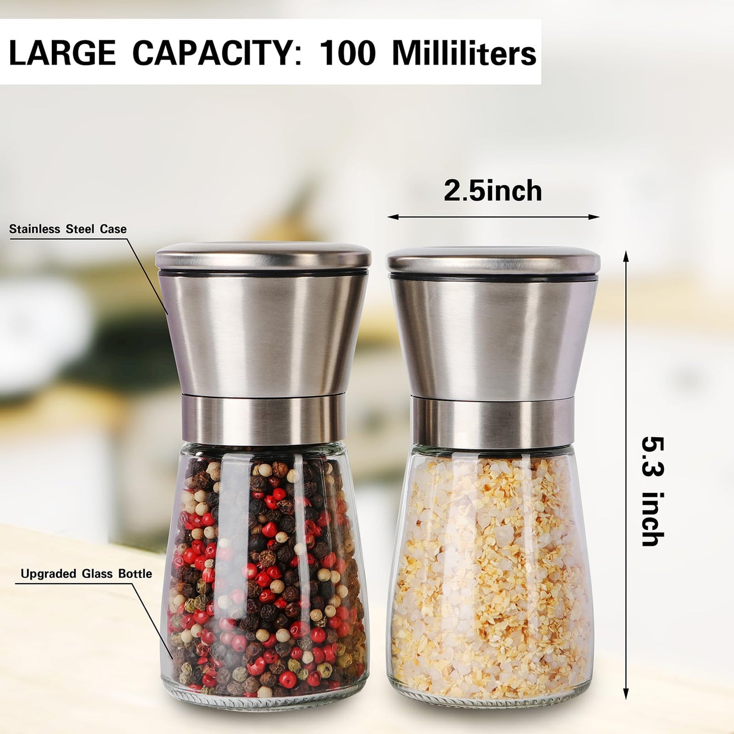 LIVITUP Salt and Pepper Grinder Set Refillable, Salt Pepper Grinder Shaker Stainless Steel Glass Pepper Mill with Adjustable Coarseness