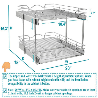 OCG 2 Tier Pull Out Cabinet Organizer (20" W x 18" D), Pull out Drawers for Kitchen Cabinets, Pull Out Shelves for Base Cabinet Organization in Kitchen Bathroom Pantry, Chrome Finish