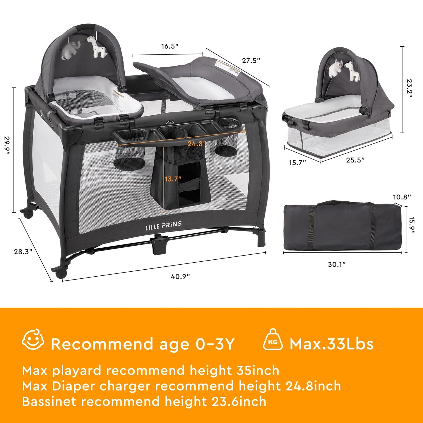 LILLEPRINS 4-in-1 Portable Baby Playpen with Bassinet