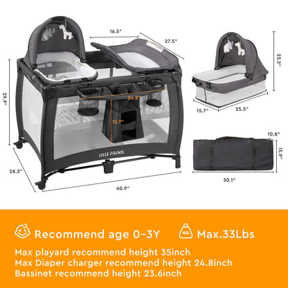 LILLEPRINS 4-in-1 Portable Baby Playpen with Bassinet