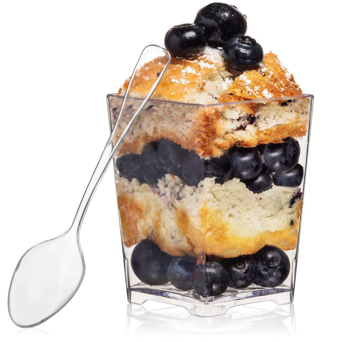 Oasis Creations Square Dessert Cup - 4 Ounce - Durable Crystal Clear Plastic - 50 Count - Ideal for Desserts, Appetizers, Entrees, Puddings, Mousse and More!