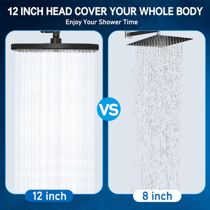 Shower Head 12 Inch, High Pressure Rainfall Shower Head/Handheld Shower Combo with Extension Arm, 6 Settings Anti-leak Shower Head with Holder, Hose, Height Adjustable Dual Shower Head, Matte Black