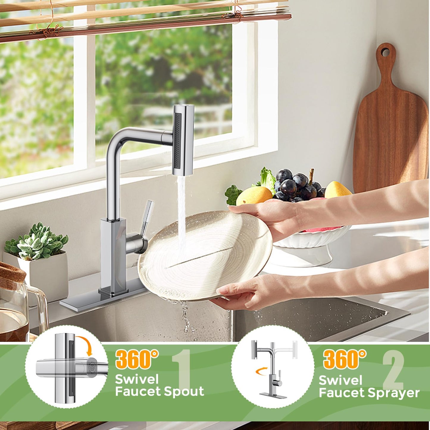 Hurran Waterfall Kitchen Faucet with Pull Down Sprayer,Stainless Steel Kitchen Sink Faucet with 4 Modes(Sweep/Stream/Waterfall/Sprayer),360° Swivel Modern Faucet for Kitchen Sink, Chrome