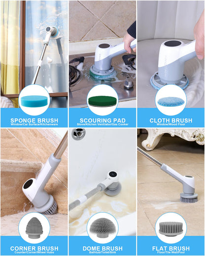 Electric Spin Scrubber, Cordless Shower Scrubber with 6 Replaceable Brush Heads, 2 Adjustable Speeds, and Adjustable Extension Handle, Spin Brush for Cleaning Bathroom Kitchen Floor Tile Tub (Grey)