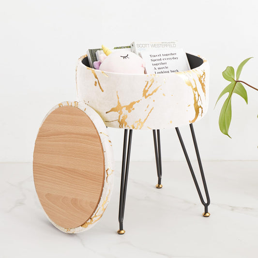 ALeesing Vanity Stool, Ottoman Make Up Stool with Large Storage, Round Footrest Footstools with 4 Metal Legs & Adjustable Footings for Living Room Bedroom Entryway- Beige
