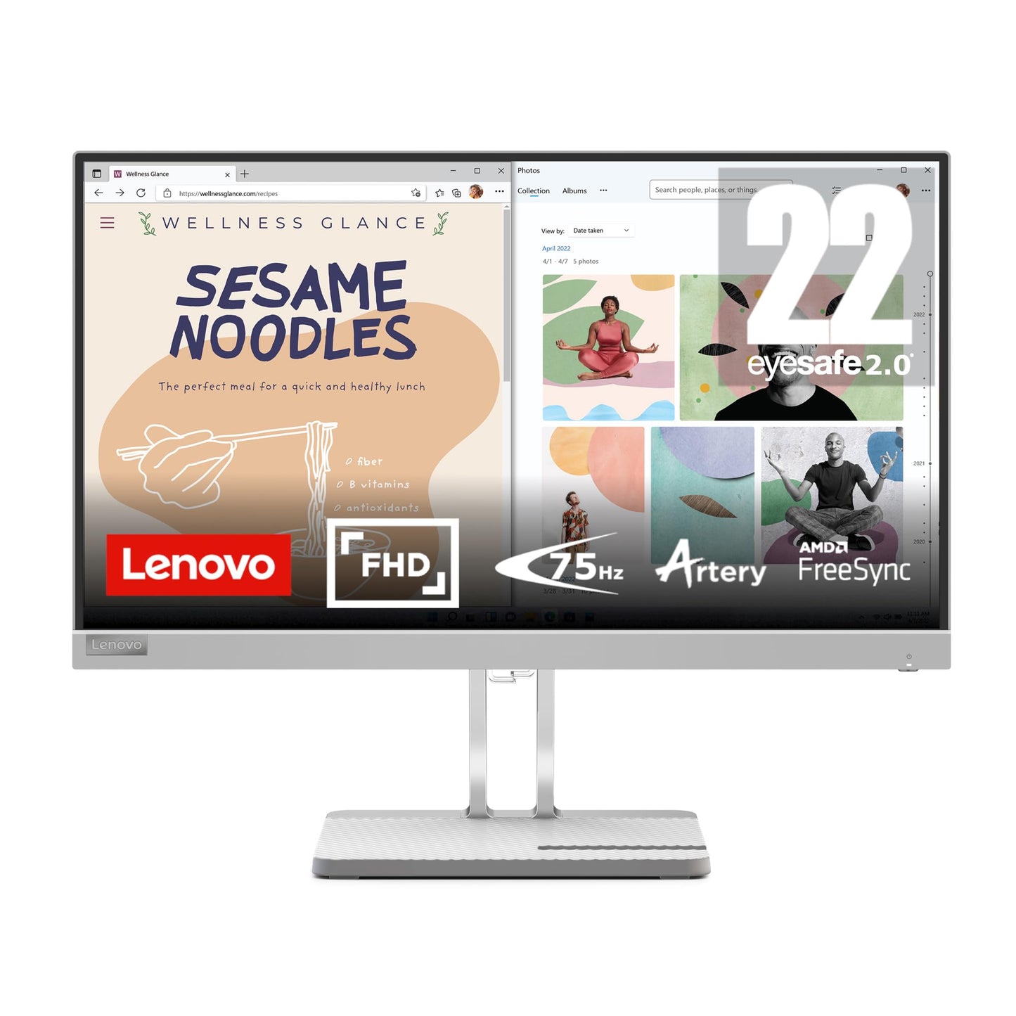 Lenovo L22e-40 Monitor, 21.45” Display, Full HD Resolution, 250 nits Brightness, 75Hz Refresh Rate, AMD FreeSync, HDMI and VGA Ports, Tilt-Adjustable Stand, Natural Low Blue Light, Cloud Grey