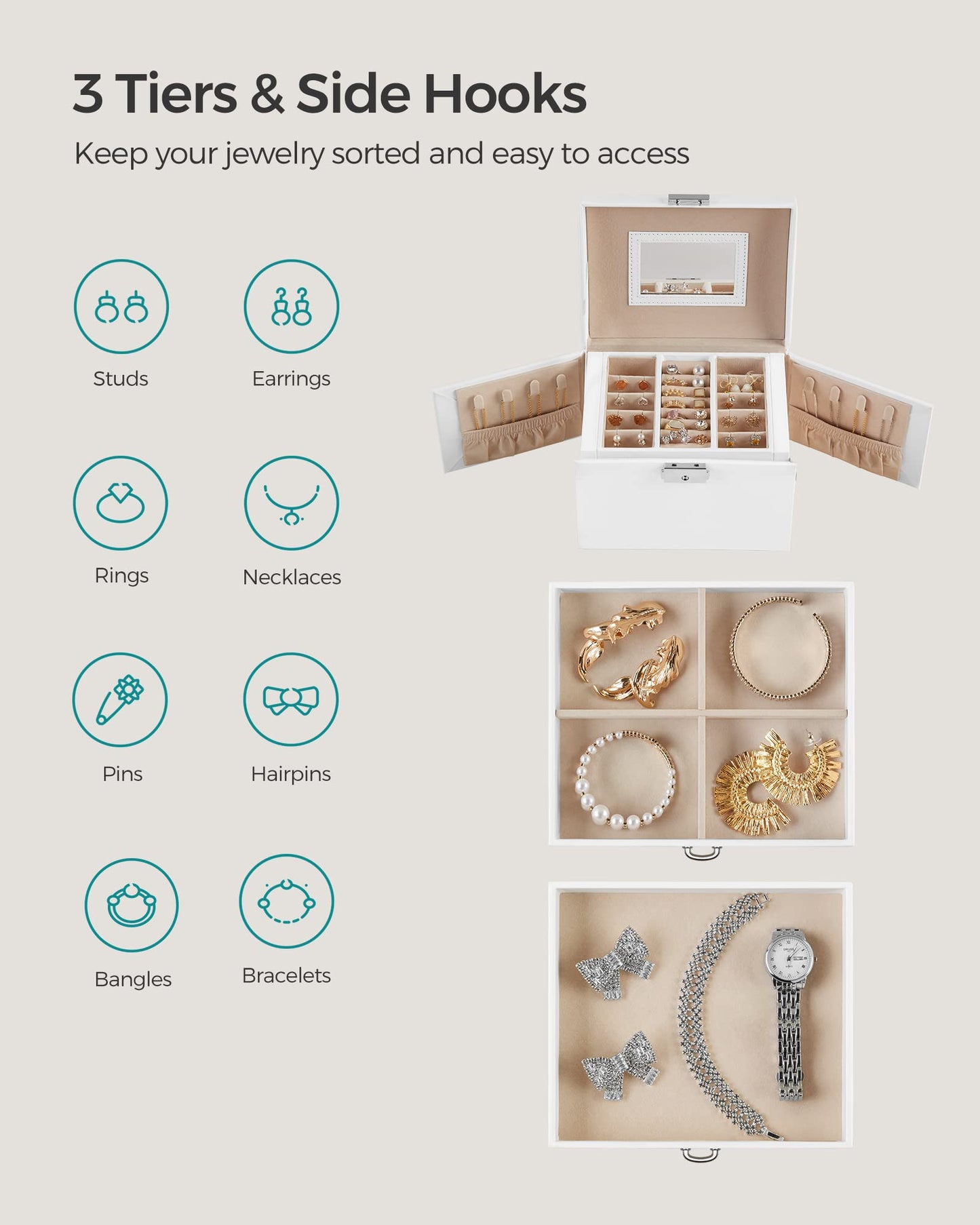 SONGMICS Lockable 3-Tier Jewelry Box with Mirror