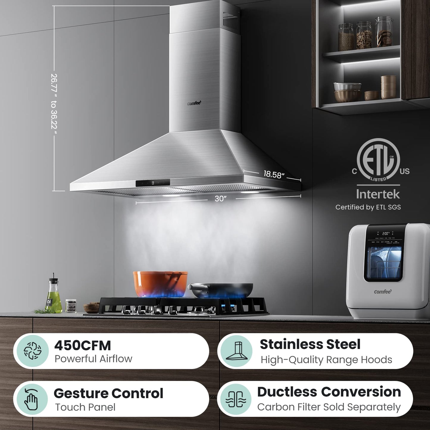 30 Inch COMFEE' Range Hood with Gesture Control