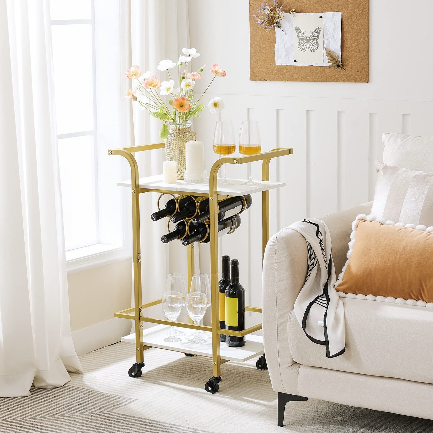 HOOBRO Gold Bar Cart for Home, 2-Tier Serving Cart with Lockable Wheels, Wine Cart with Wine Rack for Small Spaces, Rolling Wine Cart for Living Room, Party, Bar, White and Gold DW56TC01