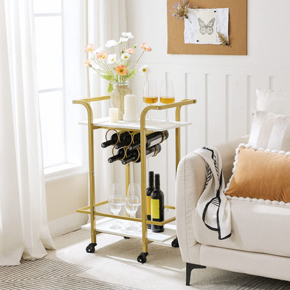 HOOBRO Gold Bar Cart for Home, 2-Tier Serving Cart with Lockable Wheels, Wine Cart with Wine Rack for Small Spaces, Rolling Wine Cart for Living Room, Party, Bar, White and Gold DW56TC01