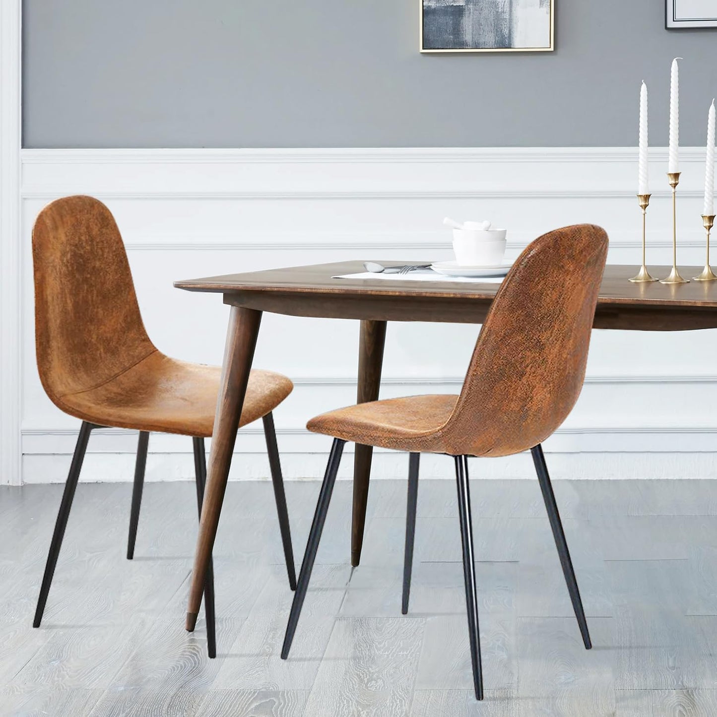 FurnitureR Dining Chairs Set of 4, Comfy Fabric Suede Side Seating Kitchen Chairs Easy Assembly for Living Room Bedroom Guest Room, Brown