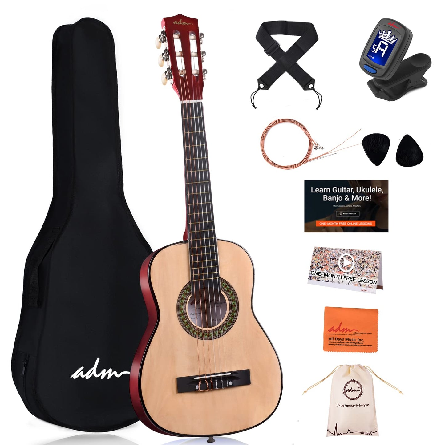 ADM Beginner Acoustic Classical Guitar 30 Inch Nylon Strings Wooden Guitar Bundle Kit for Kid Boy Girl Student Youth Guitarra Online Lessons with Gig Bag, Strap, Tuner, Extra String, Pick,Natural