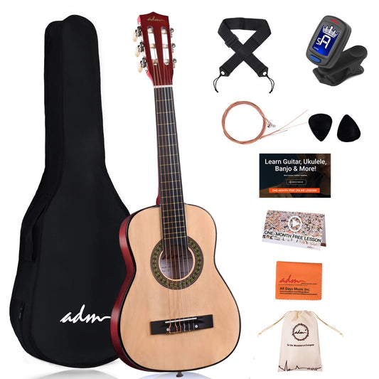 ADM Beginner Acoustic Classical Guitar 30 Inch Nylon Strings Wooden Guitar Bundle Kit for Kid Boy Girl Student Youth Guitarra Online Lessons with Gig Bag, Strap, Tuner, Extra String, Pick,Natural