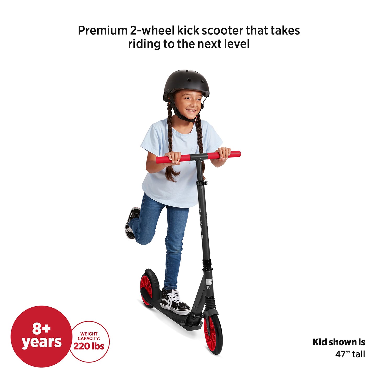 Flyer Kickstart Max, Kick Scooter, Adjustable Handlebars & Foldable, Red Scooter 8+ Years, and up to 220 lbs