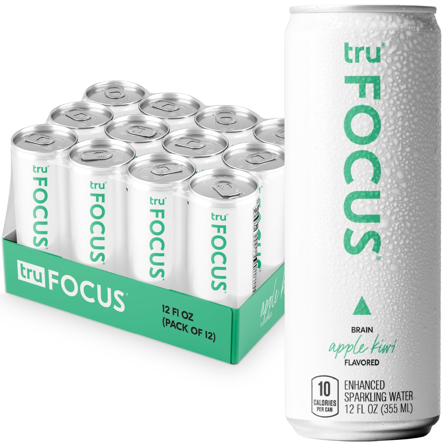 Tru Focus Seltzer, Adaptogen Nootropic Drinks with Yerba Mate, Apple Fruit Juice Flavored Sparkling Water, 100 mg Natural Caffeine, Kosher, Gluten Free, Vegan, Low Calories, No Sugar Added Beverages, 12oz (Pack of 12)