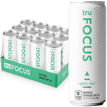 Tru Focus Seltzer, Adaptogen Nootropic Drinks with Yerba Mate, Apple Fruit Juice Flavored Sparkling Water, 100 mg Natural Caffeine, Kosher, Gluten Free, Vegan, Low Calories, No Sugar Added Beverages, 12oz (Pack of 12)