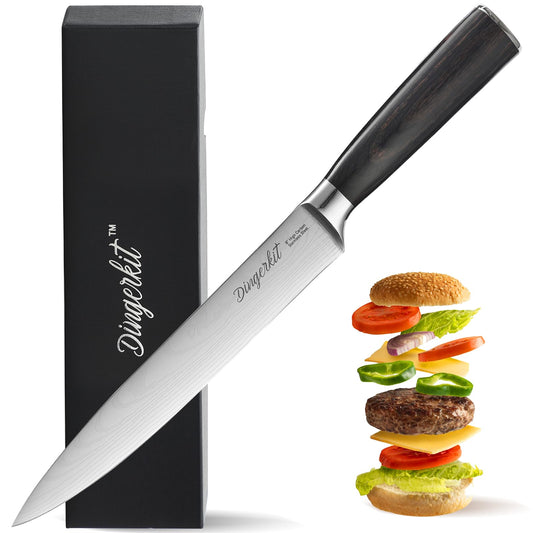 Dingerkit Carving Knife, 8" Brisket Knife for Meat Carving Vegetables Slicing Sushi Cutting with Damascus Pattern High Carbon Stainless Steel, Kitchen Chefs Knife with Pakkawood Handle.