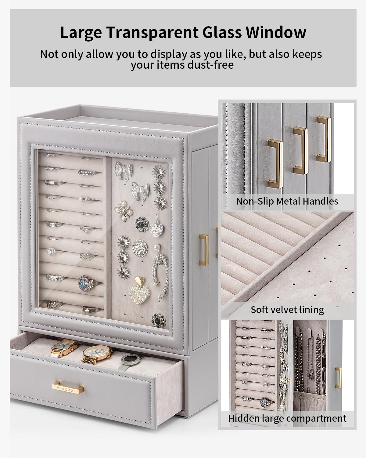 Vlando Large Jewelry Organizer with Glass Window Jewelry Box for Necklaces Earrings Rings Bracelets Watches Jewelry Storage Case Mothers Day Gift for Mom Wife Women Girls (Grey)