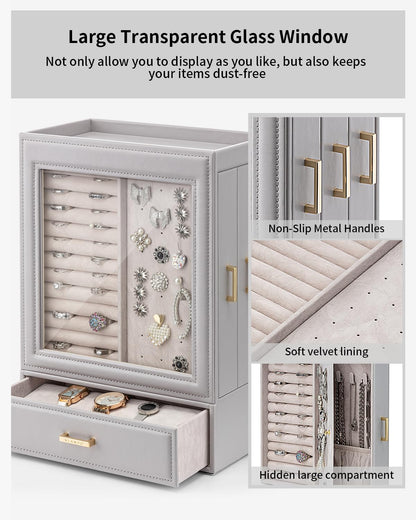 Vlando Large Jewelry Organizer with Glass Window Jewelry Box for Necklaces Earrings Rings Bracelets Watches Jewelry Storage Case Mothers Day Gift for Mom Wife Women Girls (Grey)