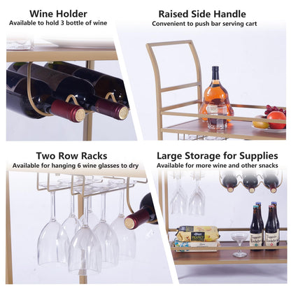 JBBCN Gold Bar Cart with Wheels, Home Bar Serving Cart with 2-Tier Wooden Shelves, Wine Racks, Glass Holders for Kitchen, Dining Room, and Party, Rolling Beverage Car