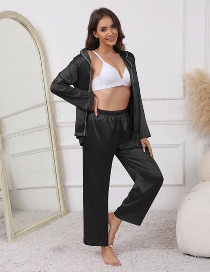 Ekouaer Pajamas For Women Set Silk Pjs 2 Piece Satin Sleepwear Long Sleeve Button Down Lounge Sets With Pant Black S