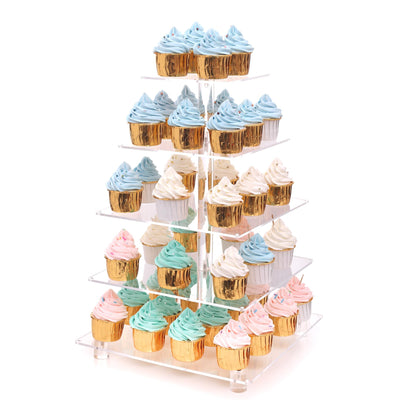 Antimbee 5 Tier Cupcake Stand, Clear Acrylic Cupcake Holder - Square Tower Display for Dessert Table + LED Light String, Cupcake Stand for Weddings/Birthday/Anniversary/Dating/Party Events