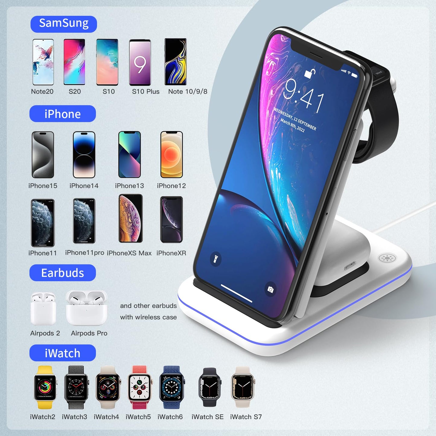 MSTJRY Wireless Charging Station, 3 in 1 Wireless Fast Charger Stand for iPhone 15/14/13/12/11/Pro/Max/XS/XR/X/8/Plus, for Apple Watch Ultra 8/7/6/5/4/3/2/SE, for AirPods 3/2/Pro(Adapter Included)