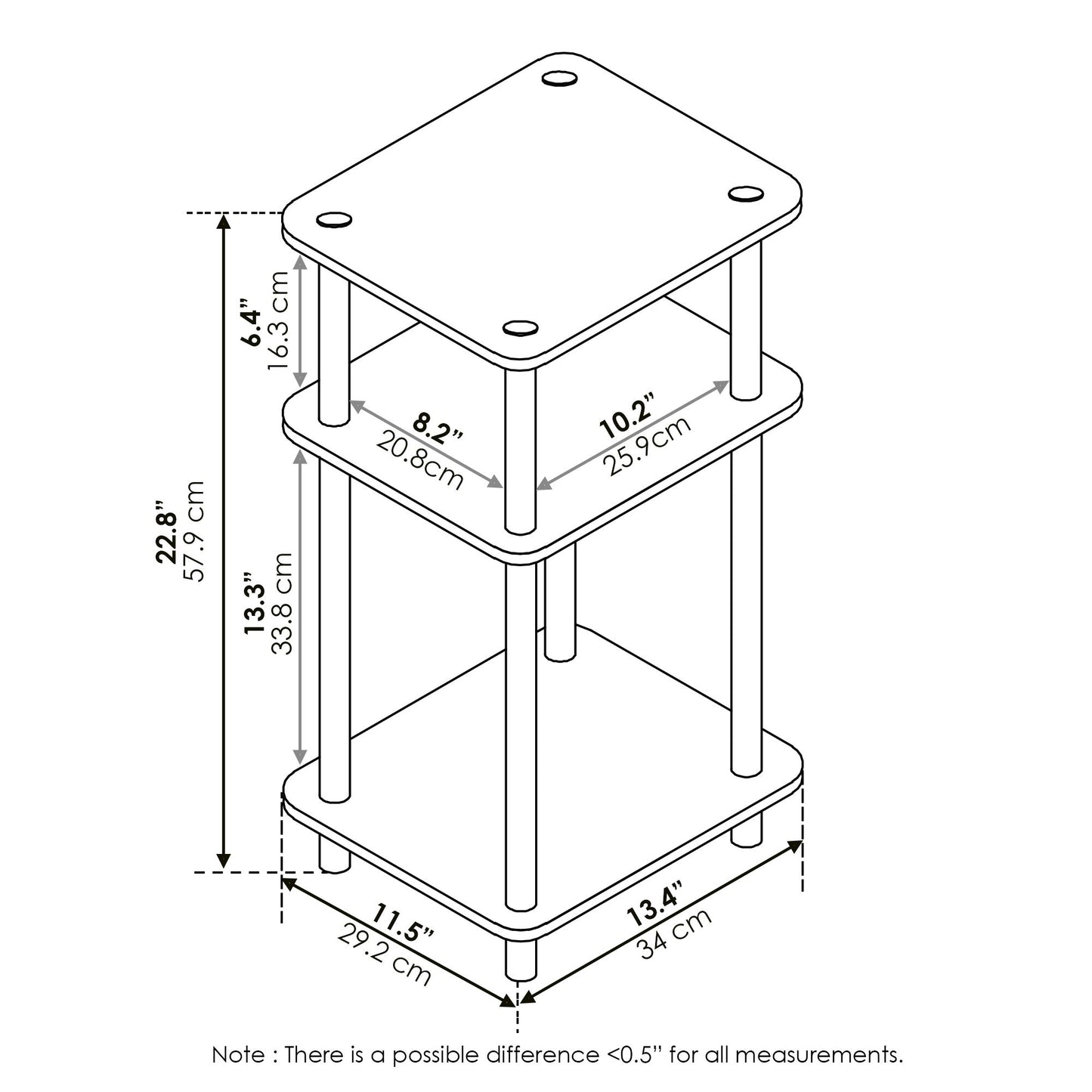 Furinno 3-Tier End Table in French Oak Grey