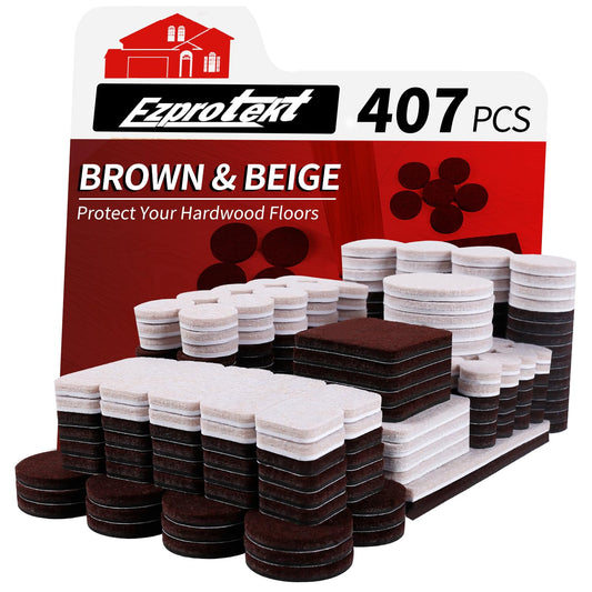 Felt Furniture Pads for Hardwoods Floors, 407 PCS Self Adhesive Felt Pads for Chairs, Cuttable Anti-Scratch Furniture Feet Floor Protectors for Chair Sofa Bed Table Cabinet (Brown & Beige)