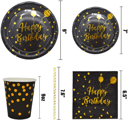 200PCS Birthday Party Decorations Black Birthday Plates and Napkins Party Supplies Plate, Cups, Spoons, Fork, Napkins. for Black and Gold Party Decorations