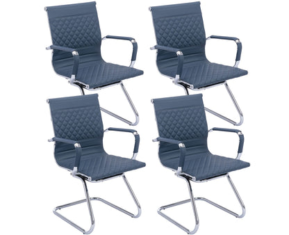 VESCASA Office Guest Chairs with Rhombic Grid Design Back, Faux Leather Reception Chairs with Arms for Meeting/Waiting/Conference Room with Chrome Metal Sled Base, Set of 4, Navy Blue