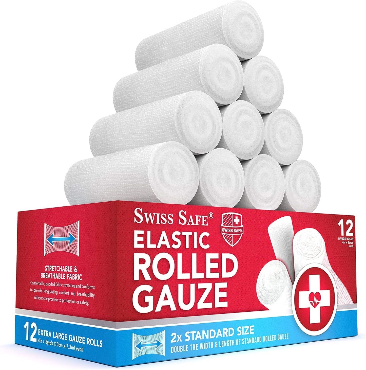Swiss Safe 4" x 8 Yards Stretch Gauze Rolls 6-Pack