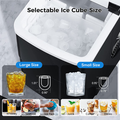 AGLUCKY Ice Makers Countertop with Self-Cleaning, 26.5lbs/24hrs, 9 Cubes Ready in 6~8Mins, Portable Ice Machine with 2 Sizes Bullet Ice/Ice Scoop/Basket for Home/Kitchen/Office/Bar/Party, Black