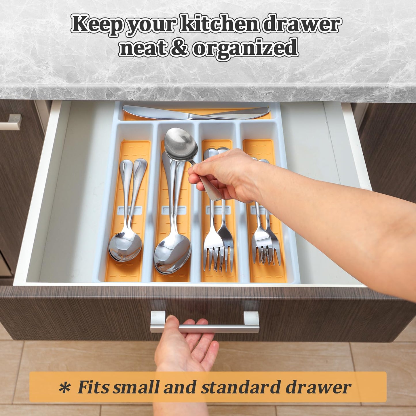 CherHome Silverware Organizer with Cutlery Icons，Silverware Tray for Kitchen Drawer，Plastic Flatware Tableware Silverware Drawer Organizer Utensil Organizer with Non-slip TPR Linings，5-Compartment