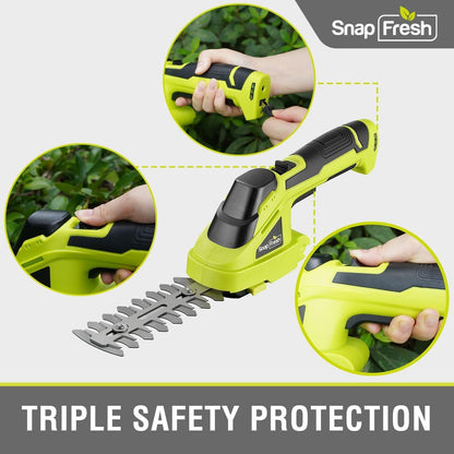 SnapFresh Cordless Grass Shear Bush Trimmer, 2 in 1 Handheld Hedge Trimmer, 7.2V Electric Grass Trimmer, Lightweight Shrubbery Trimmer Battery & Charger Included, Shrub Trimmer for Garden(Green)
