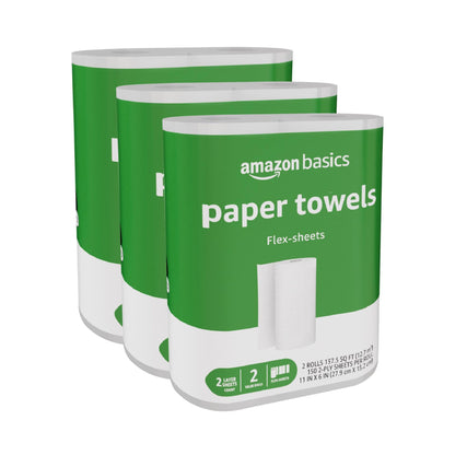 Amazon Basics 2-Ply Flex-Sheets Paper Towels, 6 Basics Rolls = 16 Regular Rolls, Everyday Value with 150 Sheets per Roll