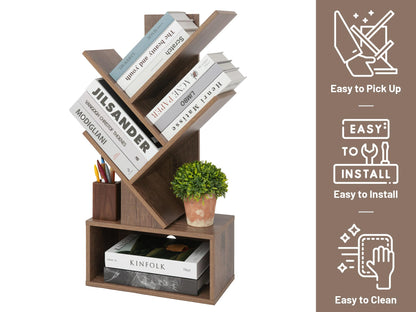 Labcosi 3 Tier Tree Bookshelf, Small Bookshelf with Open Storage Space, Wood Shelf for Storing Books, Book Organizer Shelves for Home Office, Bedroom, Living Room