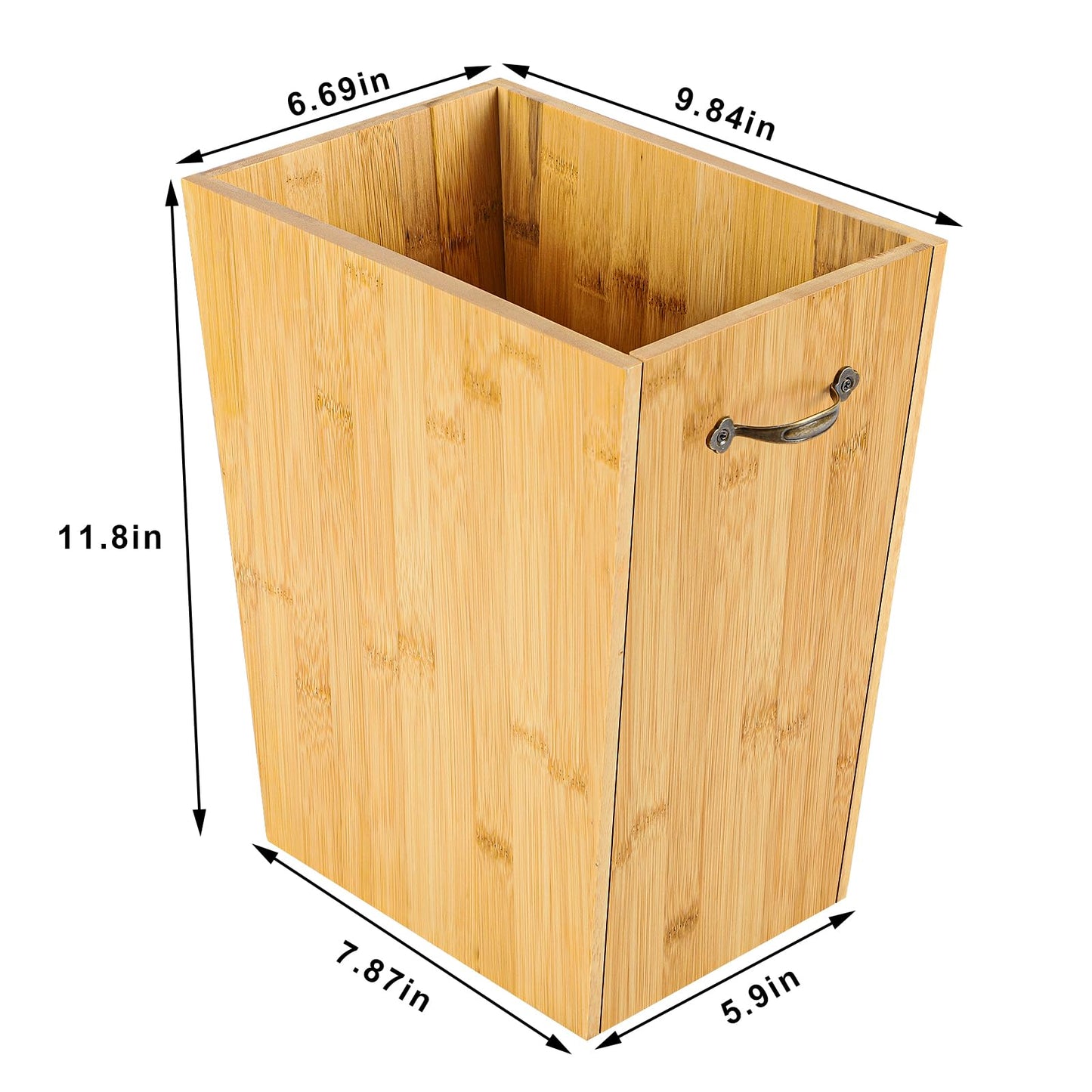 SEHERTIWY Wood Trash Can, Farmhouse Wastebasket Bin for Bathroom, Office, Bedroom, Living Room, Small Square Rustic Garbage Container with Metal Handle (Bamboo-Yellow-Handle)