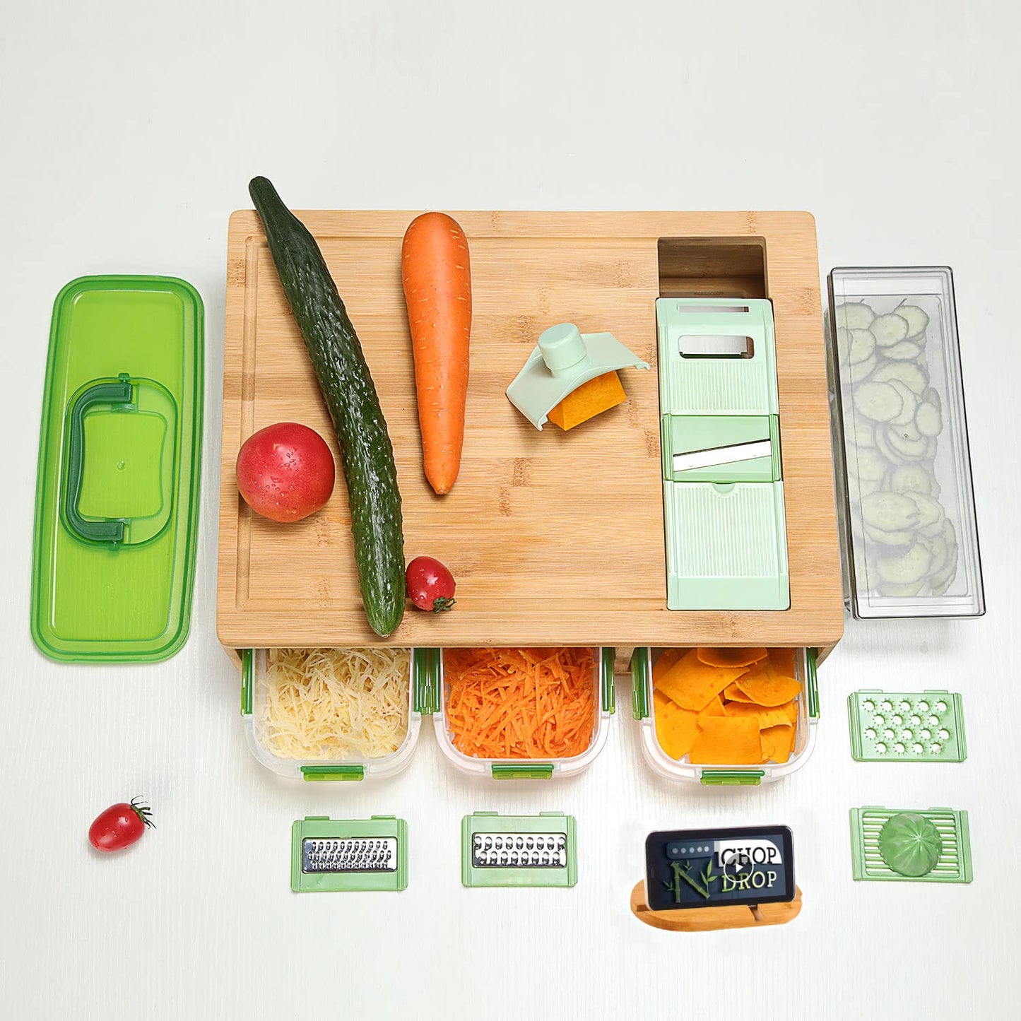 Smart Bamboo Cutting Board With Containers, Locking Lid, and Built-in GRATER. Easy To Clean Food Prep Station With Trays. Extra Large Smart Cutting Board Set with Stackable Containers For Easy Storage