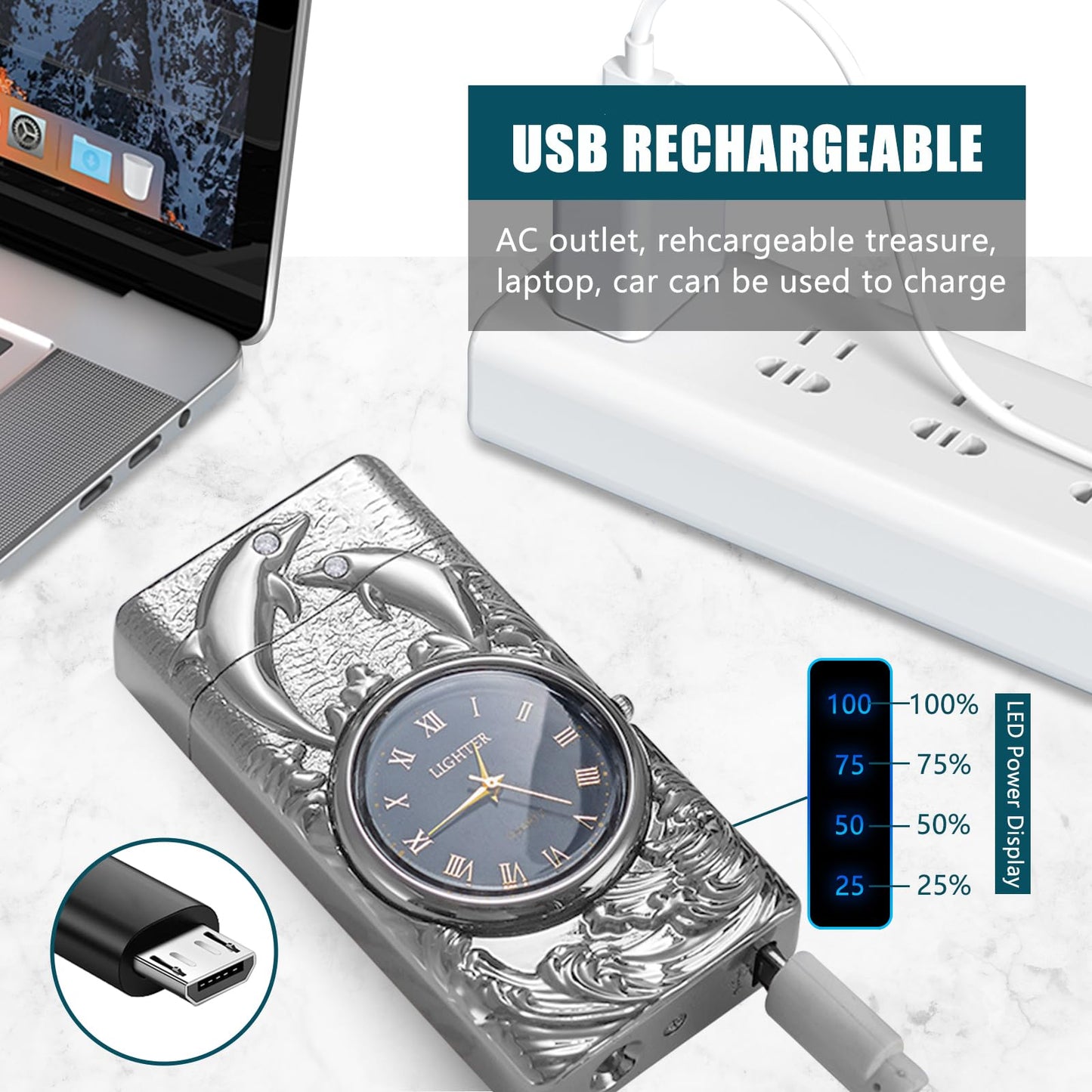 USB Rechargeable Plasma Arc Lighter with Clock Dial and Flashlight