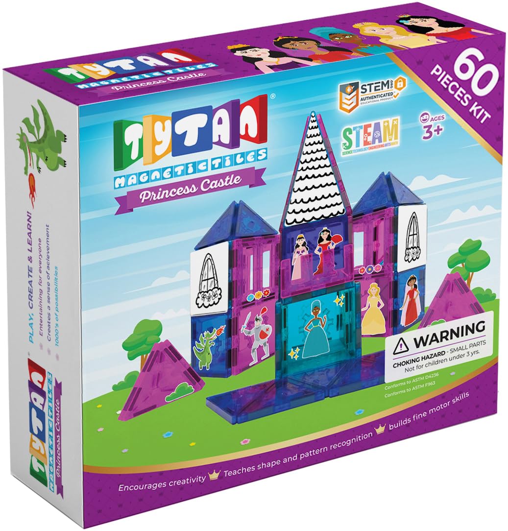 Tytan Tiles Princess Castle 60-Piece Magnetic Tiles Building Set, Adorable Kids’ STEM Toy, Creative Play, Shape & Pattern Recognition, Fine Motor Skills, Includes Storage Bag, Ages 3 and Up