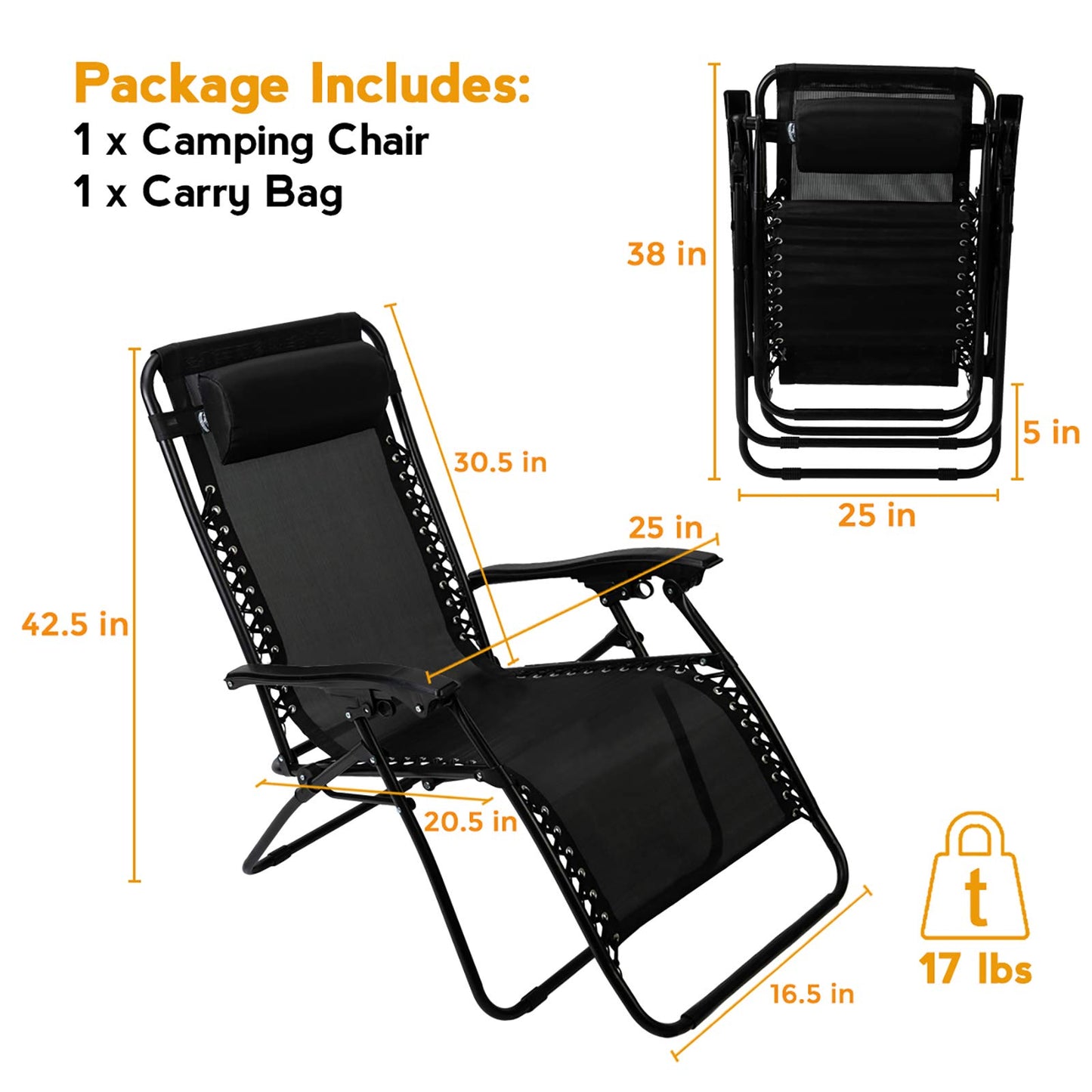 Pacific Pass Folding Zero Gravity Reclining Chair w/ Built-In Headrest - Durable Construction -Middle- Black
