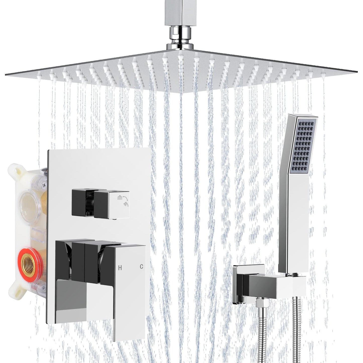 Qomolangma 10 inch Rain Shower System, Ceiling Mounted Bathroom Shower Faucet Set with Pressure Balance Valve, 2-Functions Shower Systems with Rain Shower and Handheld Spray Shower Trim Included