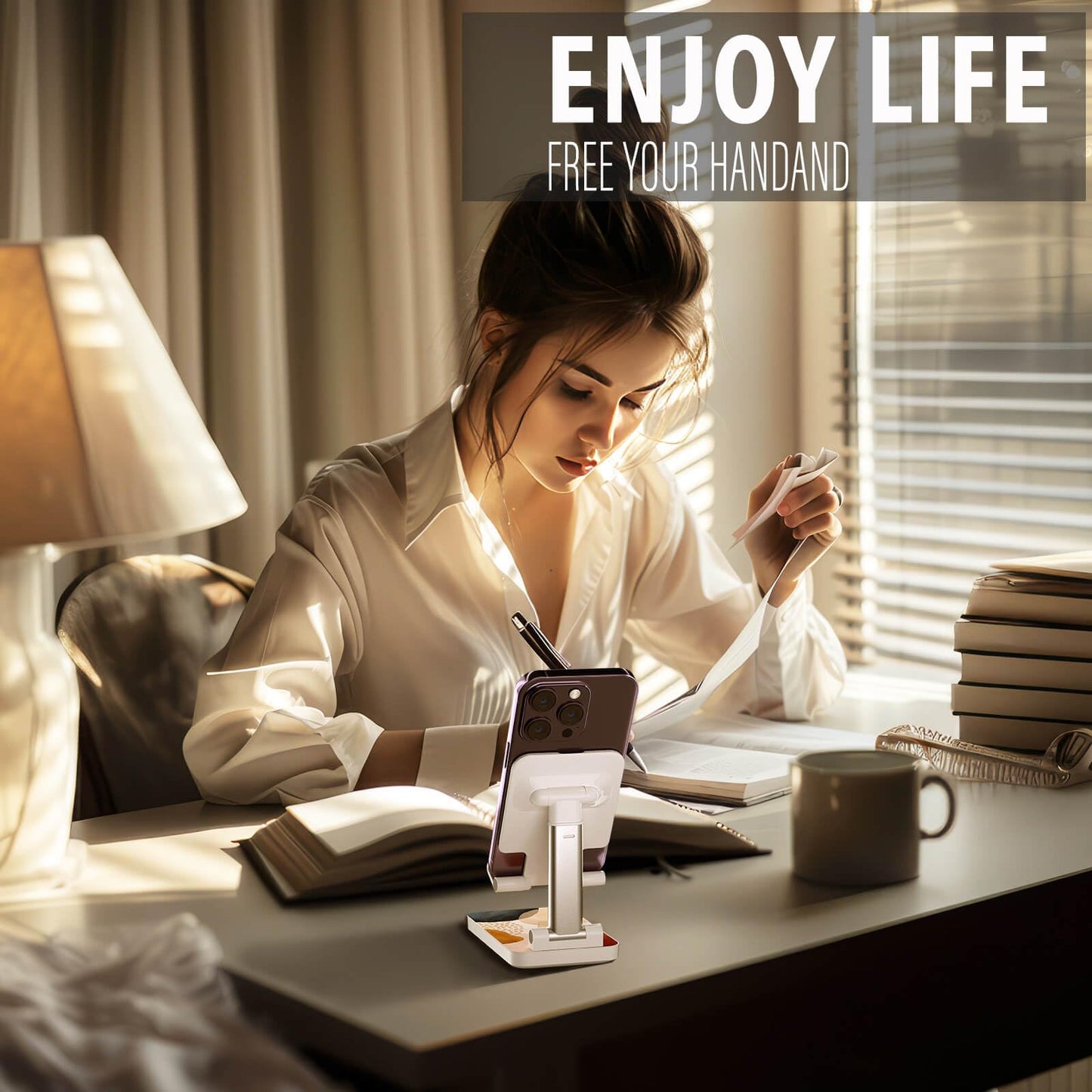 Heainaiyoo Foldable Cell Phone Stand,Angle Height Adjustable Cell Phone Holder,Phone Holder for Desk,Smart Phones Desk Accessories Phone Holder (Brown Block)