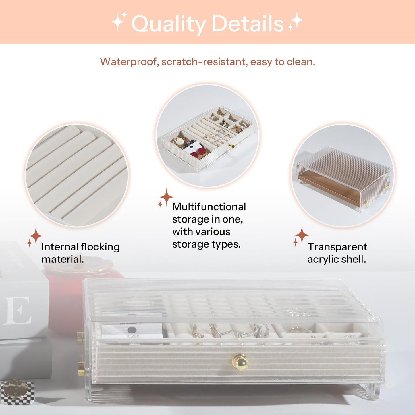 Acrylic Jewelry Box with Wood Dividers & Drawers