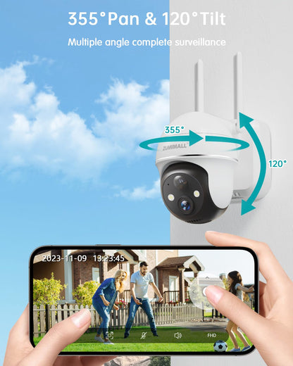 ZUMIMALL Security Cameras Wireless Outdoor WiFi with 360° PTZ, 2K Battery Cameras for Home Security Outdoor, Spotlight & Siren, 3MP Color Night Vision/2-Way Talk/IP66/Cloud/Alexa/PIR/AI